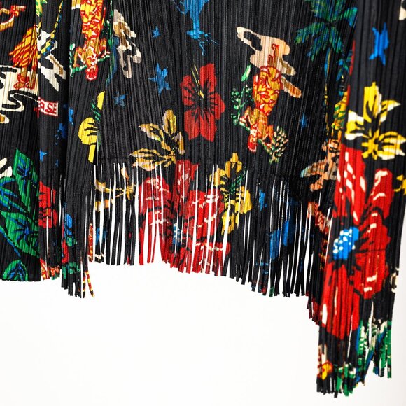 Pleats Please Issey Miyake Hawaii Motif Black Fringe-Hem Cardigan, Size XL - Picture 6 of 9